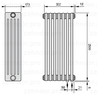 Схема (чертеж) Радиатор Zehnder Charleston 5250/7 №5510 Белый глянцевый RAL 9016